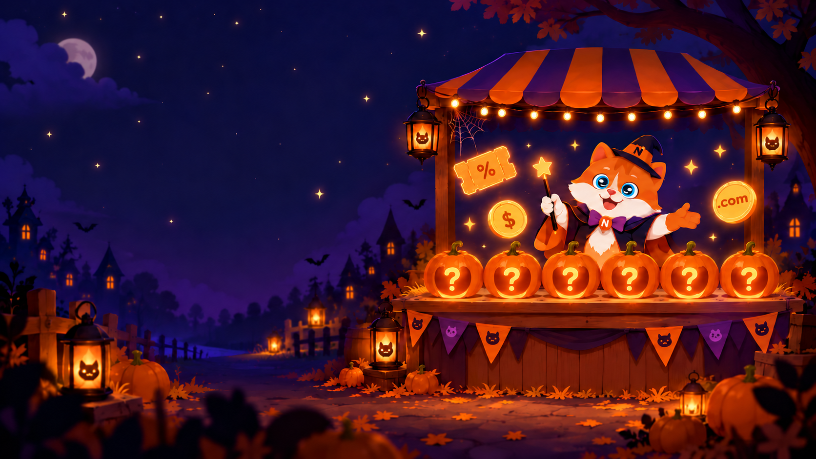 NiceNIC Halloween market with the orange cat magician and six mystery pumpkins